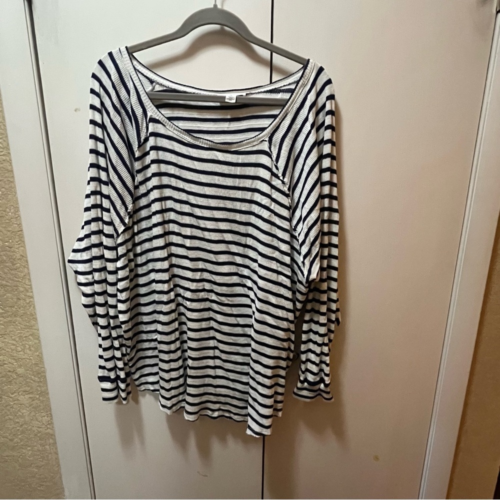 Navy and White Ribbed Striped Long Sleeve Top